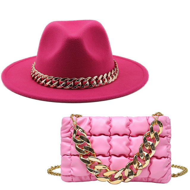 Pink Fedora Hat and Chain Bag Set