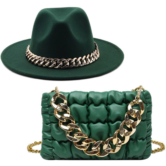 Green Fedora Hat and Chain Bag Set