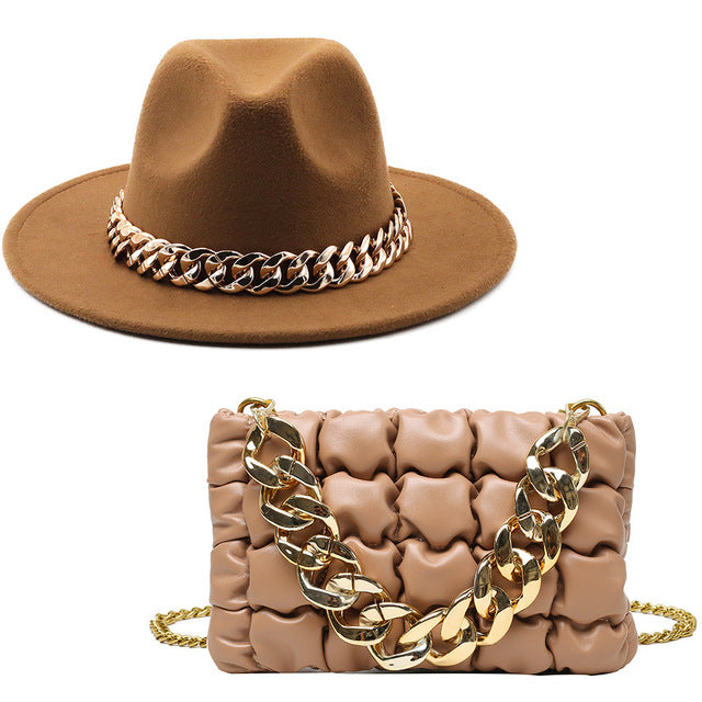 Tan Fedora Hat and Chain Bag Set