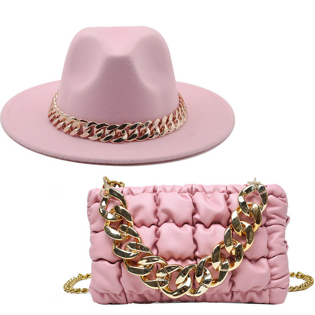 Light Pink Fedora Hat and Chain Bag Set
