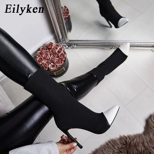 White Pointed Toe Black Elastic Boot