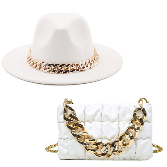 White Fedora Hat and Chain Bag Set