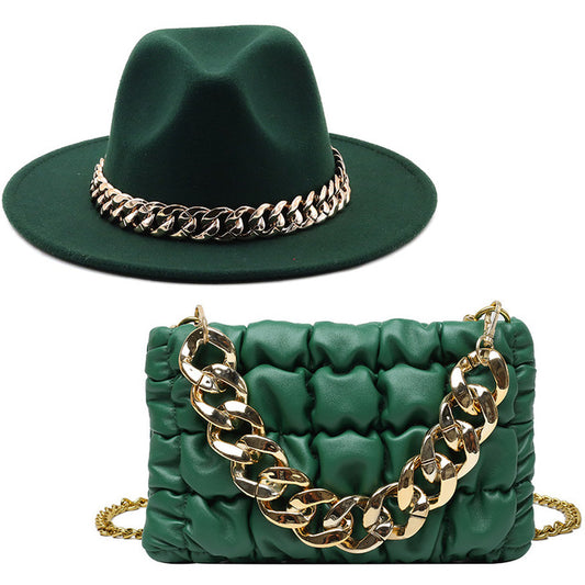 Green Fedora Hat and Chain Bag Set