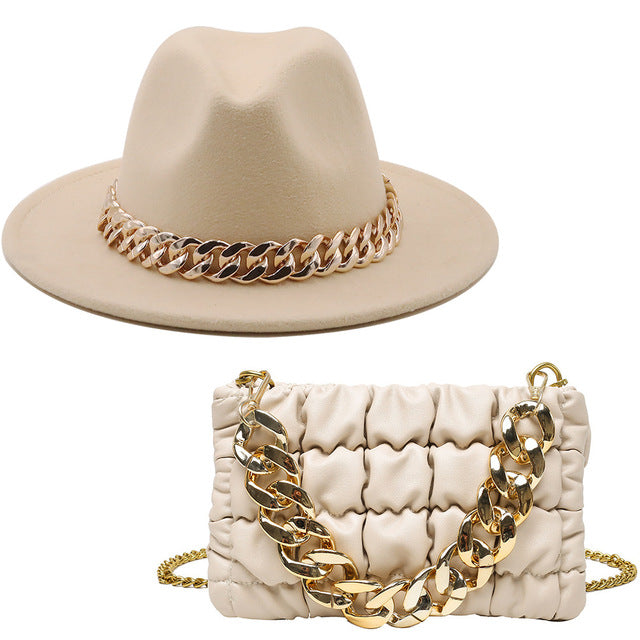 Light Tan Fedora Hat and Chain Bag Set