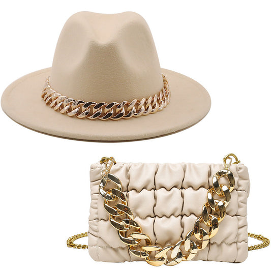 Light Tan Fedora Hat and Chain Bag Set