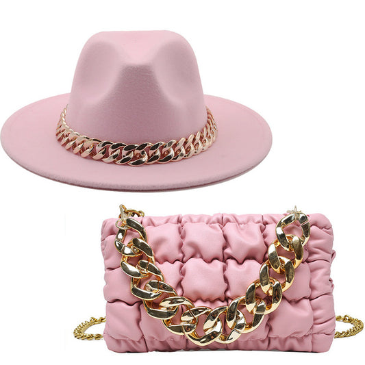 Light Pink Fedora Hat and Chain Bag Set