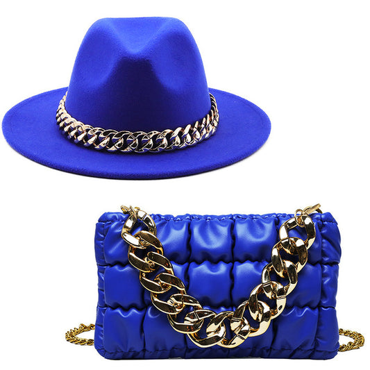 Blue Fedora Hat and Chain Bag Set