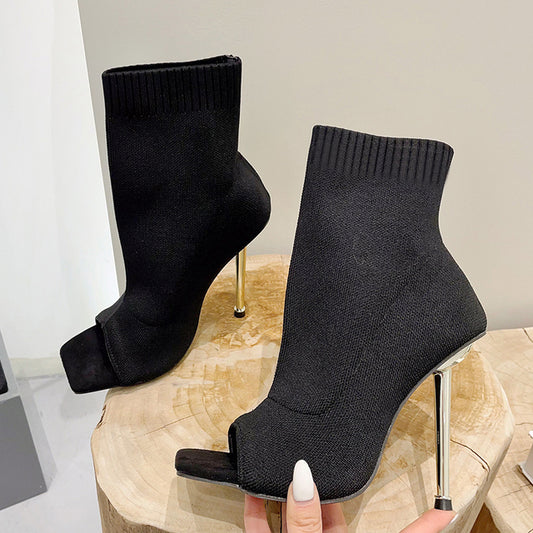 Black peep toe knitted stretch ankle boot