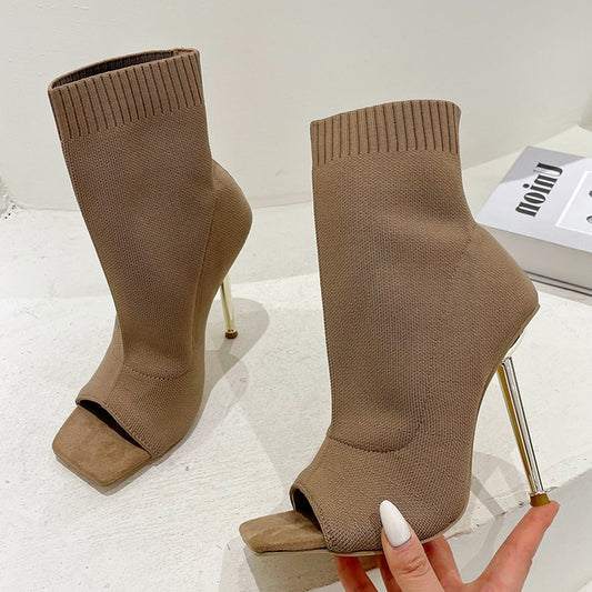Tan peep toe knitted stretch ankle boot