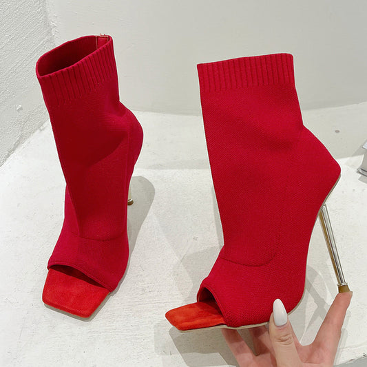 Red peep toe knitted stretch  ankle boot