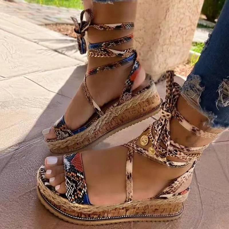Stacked Gladiator Leopard Wedge